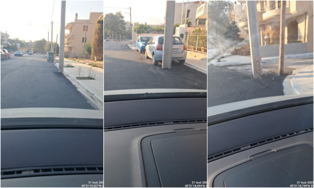 Κολώνες της ΔΕΗ στο κέντρο του νέου οδοστρώματος στην Αγίου Δημητρίου, στην Αλεξανδρούπολη.