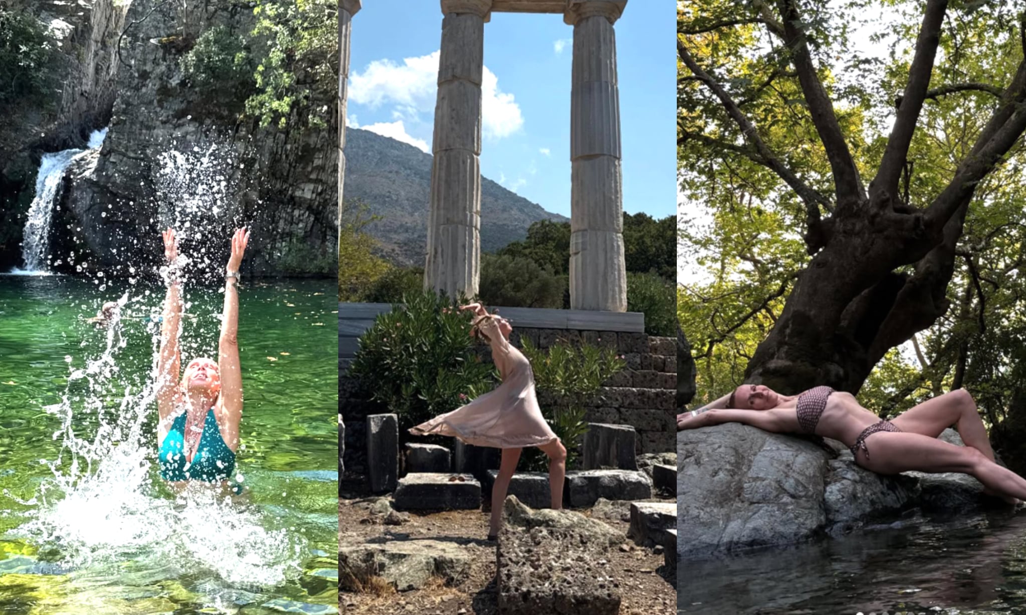 Η Εβελίνα Παπούλια στη Σαμοθράκη – στιγμιότυπα από μπάνιο σε βάθρες με καταρράκτη, χορευτική πόζα μπροστά στον Ναό των Μεγάλων Θεών και ξάπλωμα με μαγιό στη φύση, σε τριπλή σύνθεση εικόνας που αποτυπώνει τη θεϊκή ομορφιά και ενέργεια του νησιού