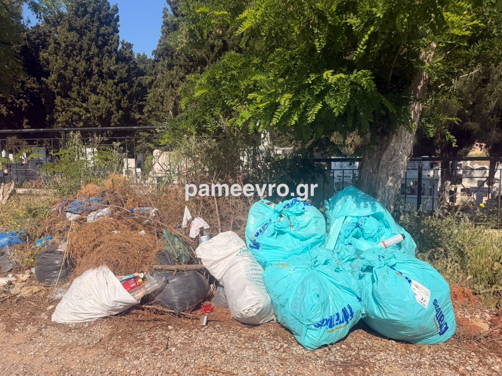 Σωροί από πράσινες σακούλες σκουπιδιών έξω από το κοιμητήριο της Νέας Χιλής