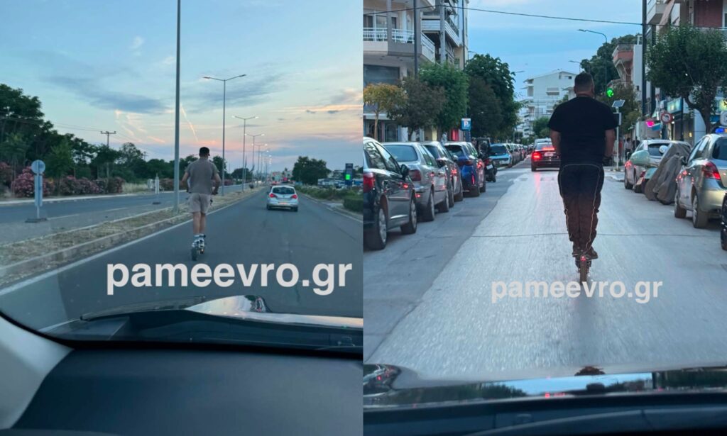 Οδηγός χωρίς κράνος κινείται με ηλεκτρικό πατίνι στη μέση του δρόμου στην οδό 14ης Μαΐου στην Αλεξανδρούπολη.