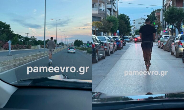 Οδηγός χωρίς κράνος κινείται με ηλεκτρικό πατίνι στη μέση του δρόμου στην οδό 14ης Μαΐου στην Αλεξανδρούπολη.