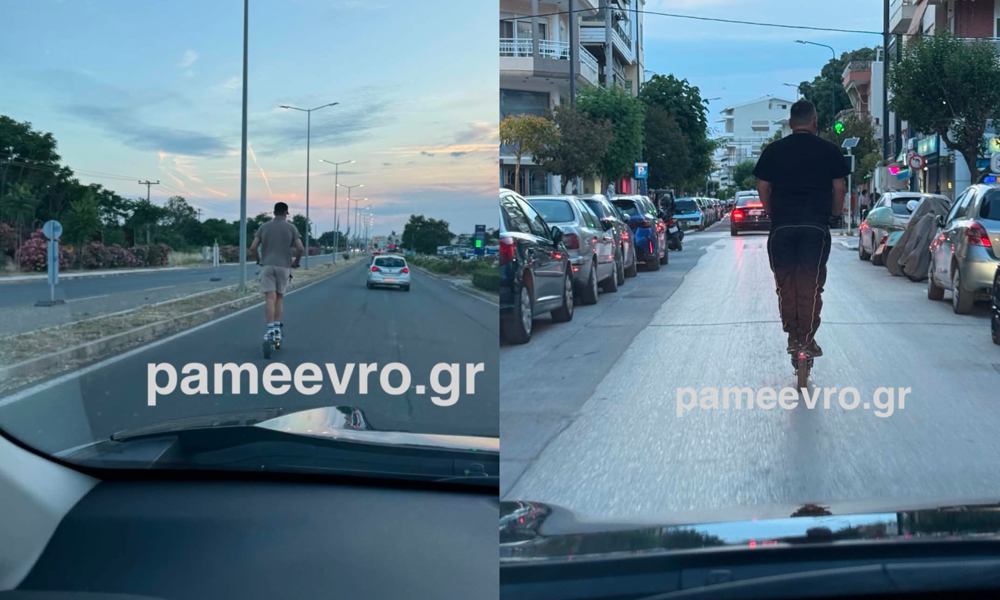 Οδηγός χωρίς κράνος κινείται με ηλεκτρικό πατίνι στη μέση του δρόμου στην οδό 14ης Μαΐου στην Αλεξανδρούπολη.