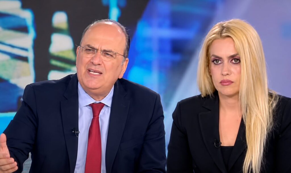 Η Κατερίνα Μπέρδου, αναπληρώστρια τομεάρχης Άμυνας της ΕΛ.Α.Σ., κατά τη διάρκεια της τοποθέτησής της στην τηλεόραση του ΣΚΑΪ