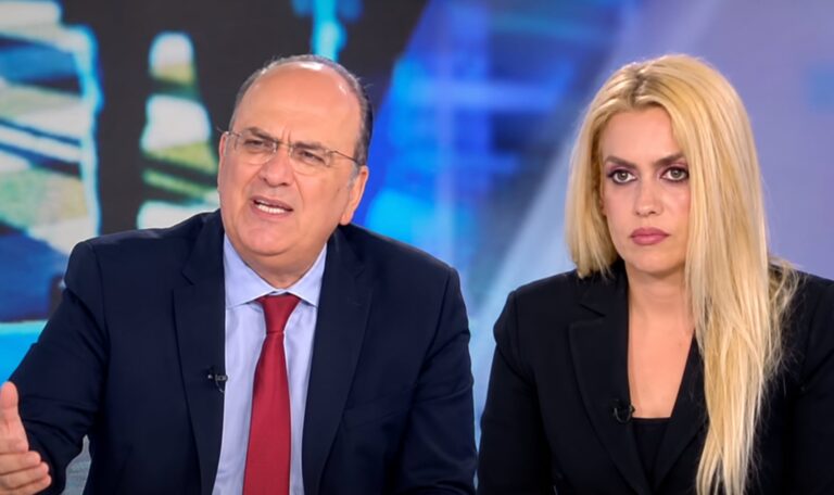Η Κατερίνα Μπέρδου, αναπληρώστρια τομεάρχης Άμυνας της ΕΛ.Α.Σ., κατά τη διάρκεια της τοποθέτησής της στην τηλεόραση του ΣΚΑΪ